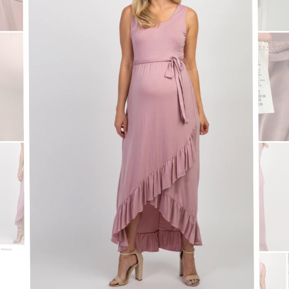 PinkBlush Maternity Mauve Sleeveless Hi-Low Ruffle Trim Maxi Dress Size Small
